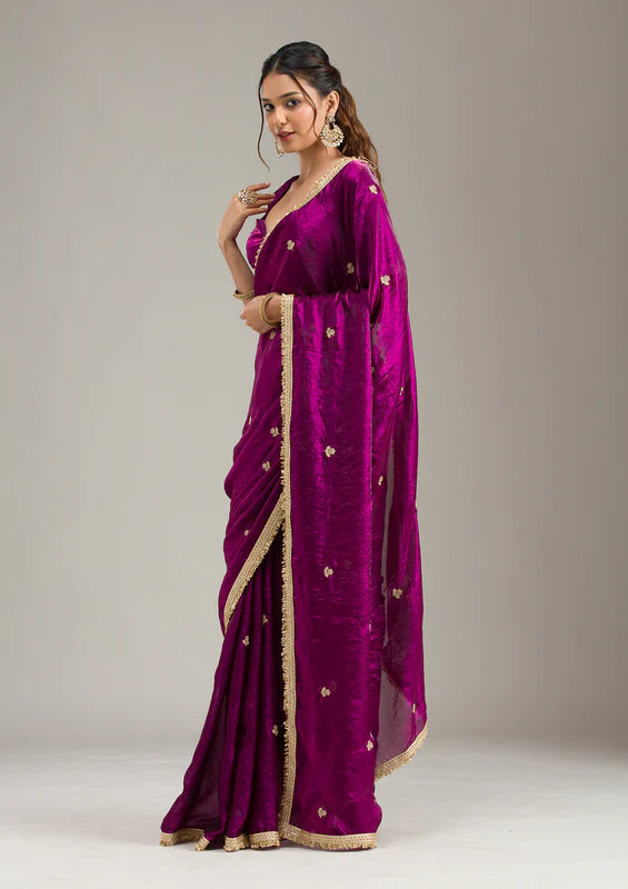 Wine Tissue Gold Zariwork Saree With Matching Blouse Piece