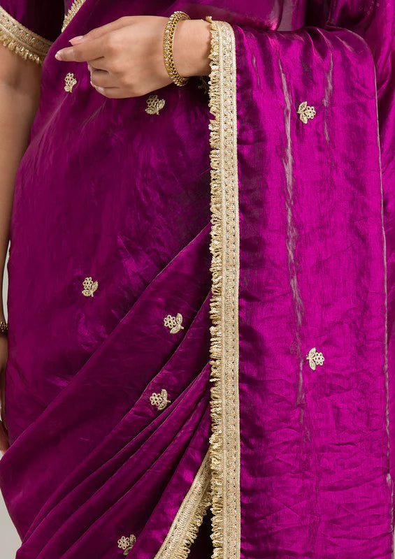 Wine Tissue Gold Zariwork Saree With Matching Blouse Piece