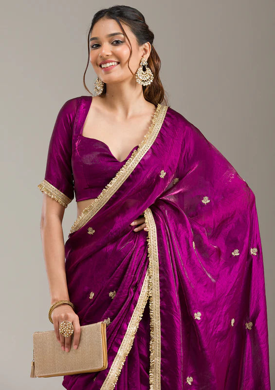 Wine Tissue Gold Zariwork Saree With Matching Blouse Piece