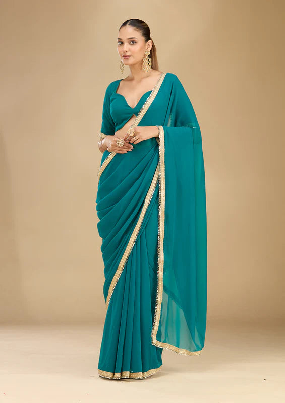Rama Green Georgette Mirrorwork Saree With Matching Blouse Piece