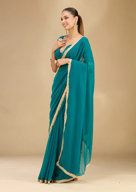 Rama Green Georgette Mirrorwork Saree With Matching Blouse Piece