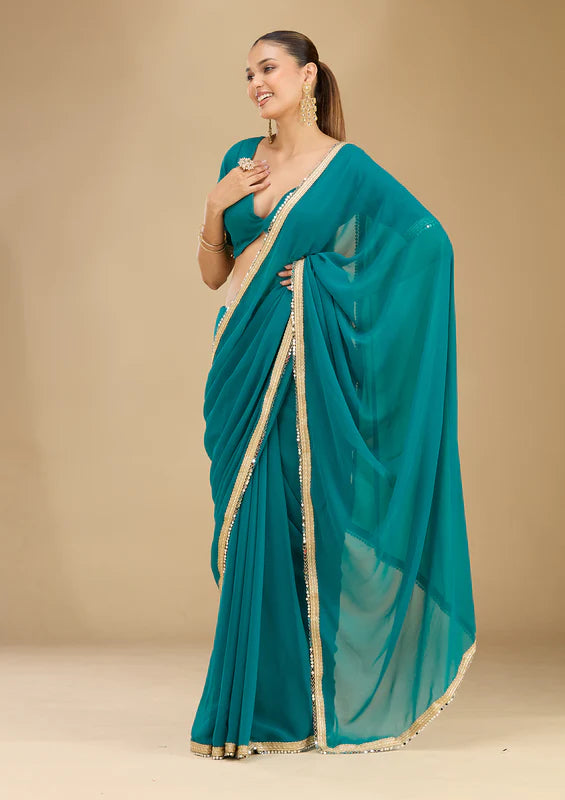 Rama Green Georgette Mirrorwork Saree With Matching Blouse Piece