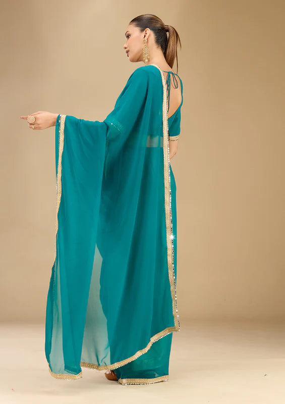 Rama Green Georgette Mirrorwork Saree With Matching Blouse Piece
