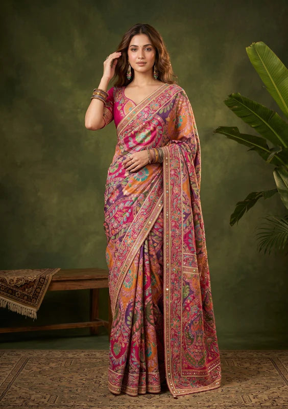 Multi Satin Sequins Saree With Matching Blouse Piece