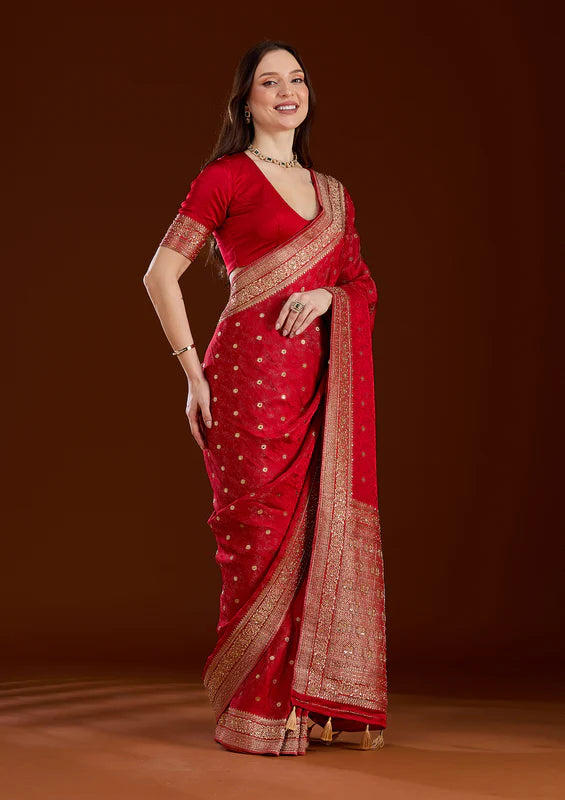Red Silk Buti Cutdana Saree With Matching Blouse Piece