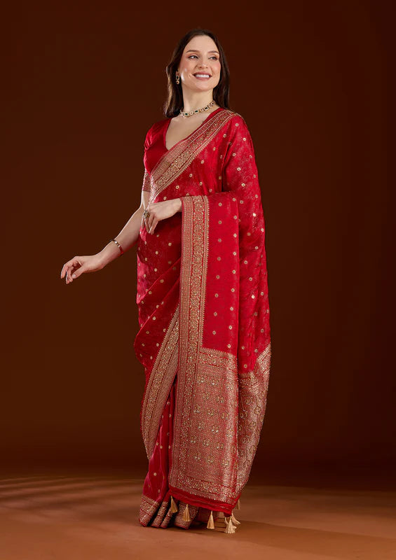 Red Silk Buti Cutdana Saree With Matching Blouse Piece