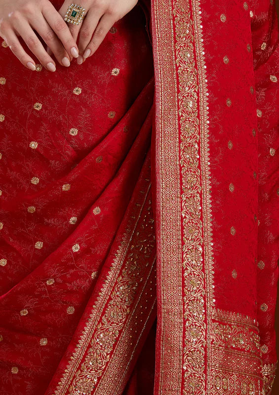 Red Silk Buti Cutdana Saree With Matching Blouse Piece