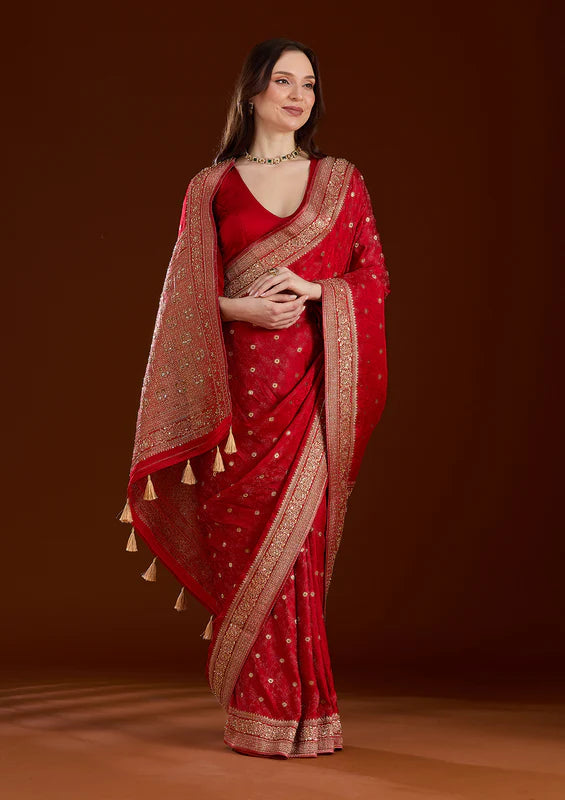 Red Silk Buti Cutdana Saree With Matching Blouse Piece