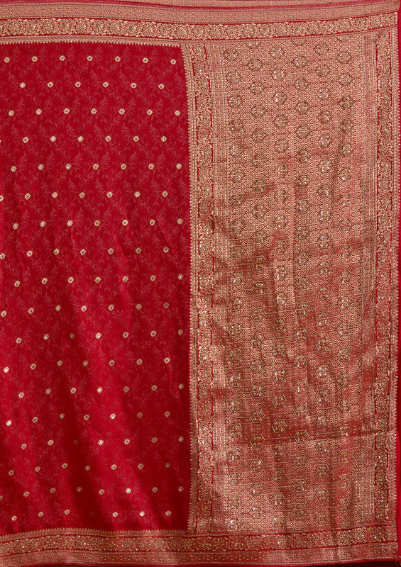 Red Silk Buti Cutdana Saree With Matching Blouse Piece