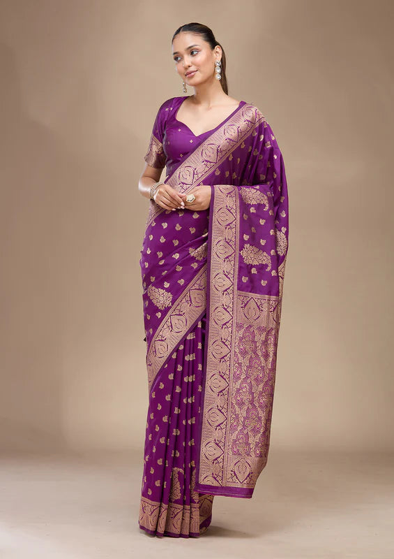 Violet Silk Buti Gold Zariwork Saree With Matching Blouse Piece