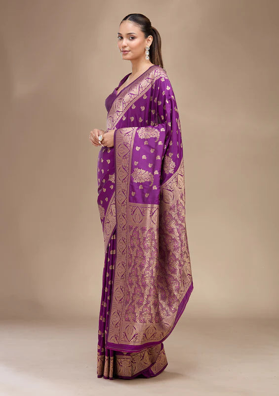 Violet Silk Buti Gold Zariwork Saree With Matching Blouse Piece