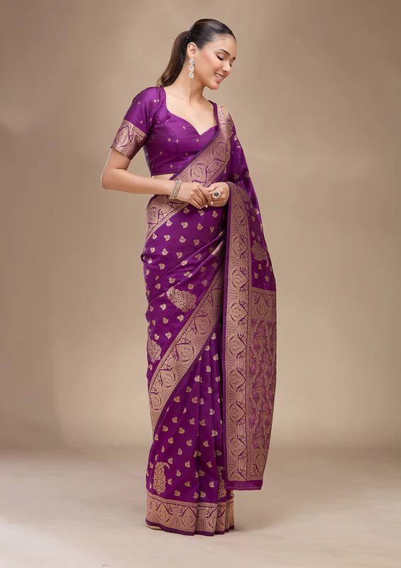 Violet Silk Buti Gold Zariwork Saree With Matching Blouse Piece