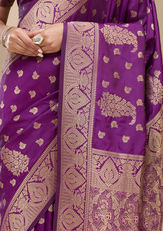 Violet Silk Buti Gold Zariwork Saree With Matching Blouse Piece