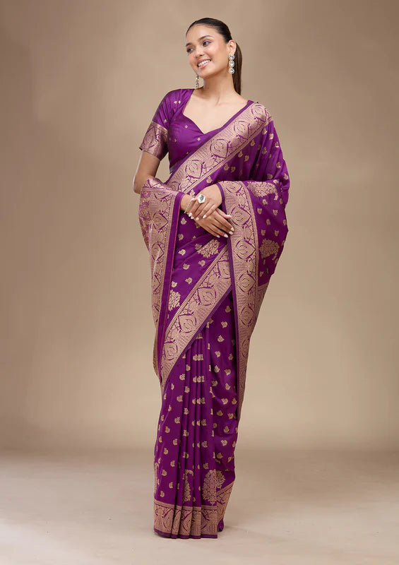 Violet Silk Buti Gold Zariwork Saree With Matching Blouse Piece
