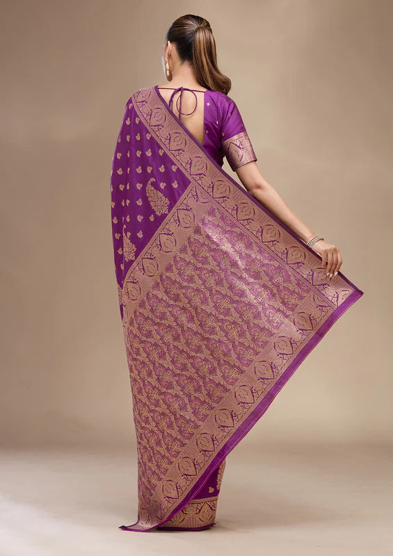 Violet Silk Buti Gold Zariwork Saree With Matching Blouse Piece