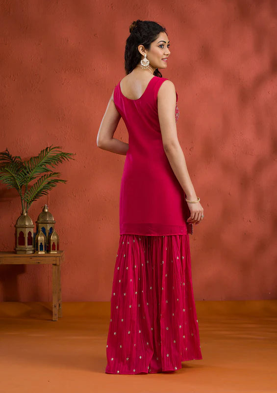 Rani Pink Tissue Gold Zariwork Straight Kurta With Sharara And Dupatta