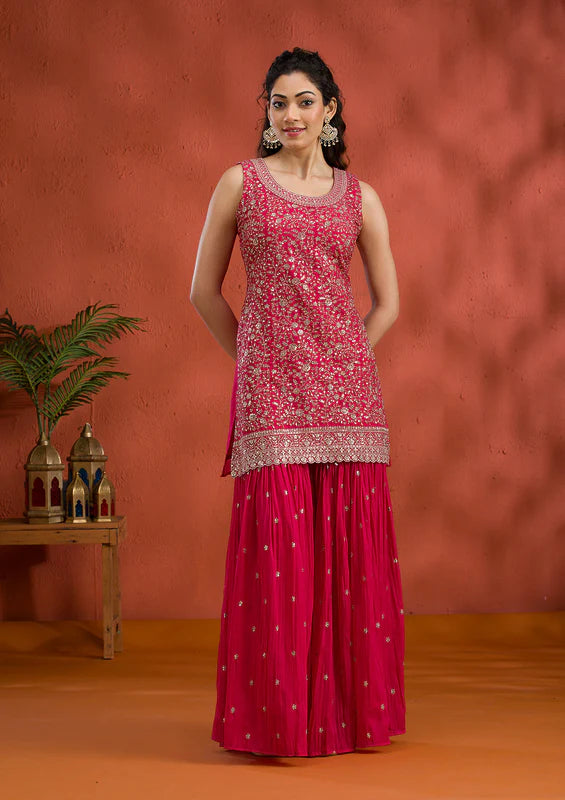 Rani Pink Tissue Gold Zariwork Straight Kurta With Sharara And Dupatta