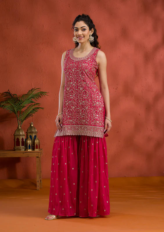 Rani Pink Tissue Gold Zariwork Straight Kurta With Sharara And Dupatta