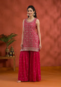Rani Pink Tissue Gold Zariwork Straight Kurta With Sharara And Dupatta