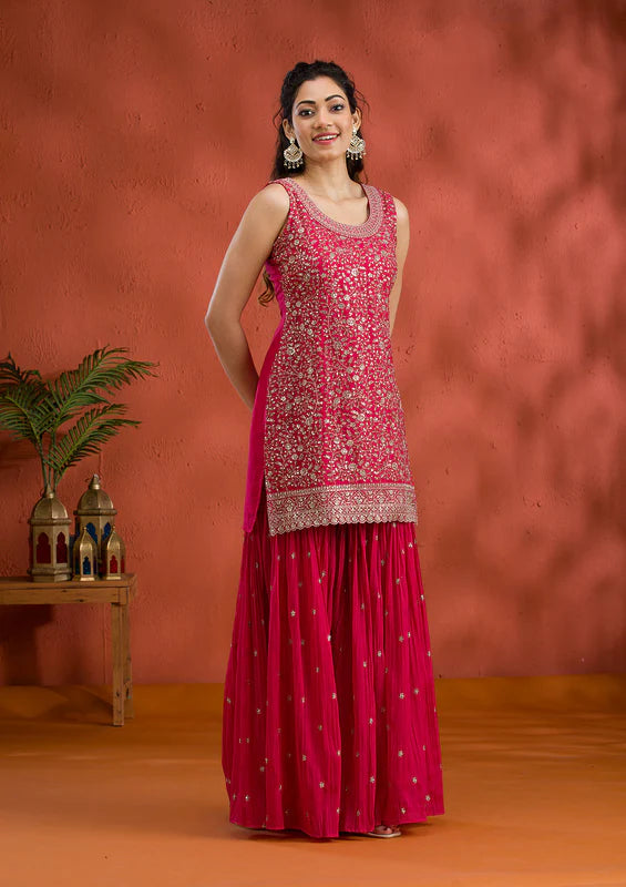 Rani Pink Tissue Gold Zariwork Straight Kurta With Sharara And Dupatta