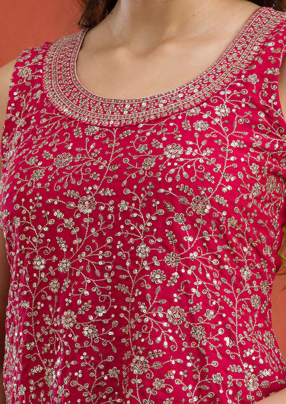 Rani Pink Tissue Gold Zariwork Straight Kurta With Sharara And Dupatta