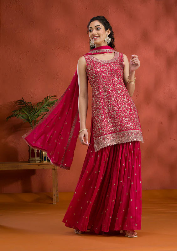 Rani Pink Tissue Gold Zariwork Straight Kurta With Sharara And Dupatta