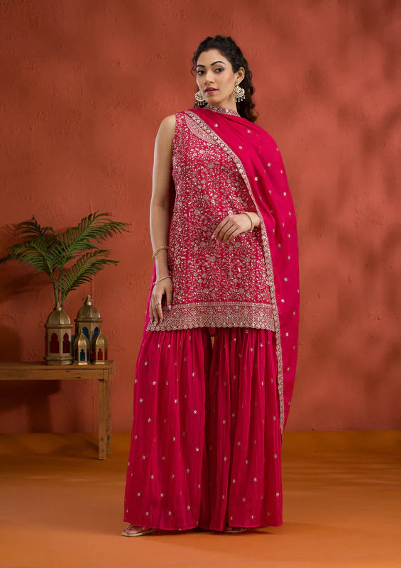 Rani Pink Tissue Gold Zariwork Straight Kurta With Sharara And Dupatta