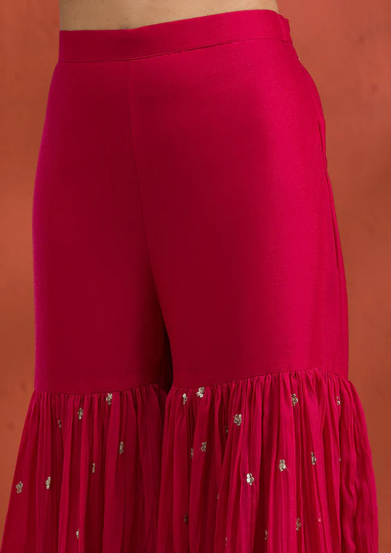 Rani Pink Tissue Gold Zariwork Straight Kurta With Sharara And Dupatta