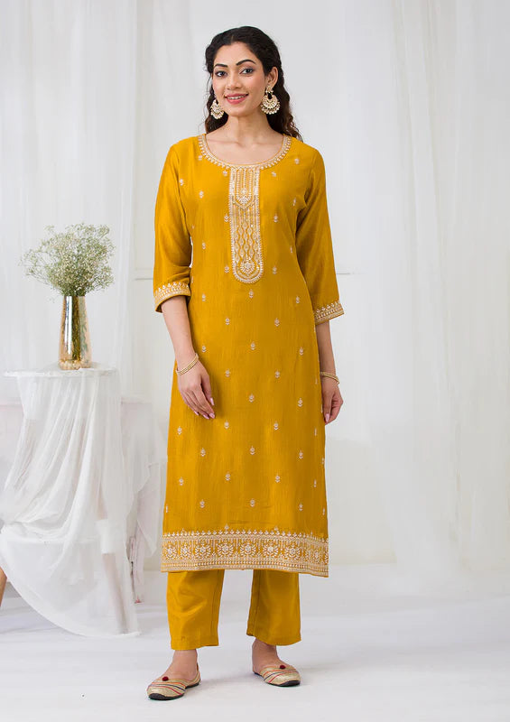 Mustard Soft Raw Silk Gold Zariwork Straight Kurta With Pant Regular And Dupatta