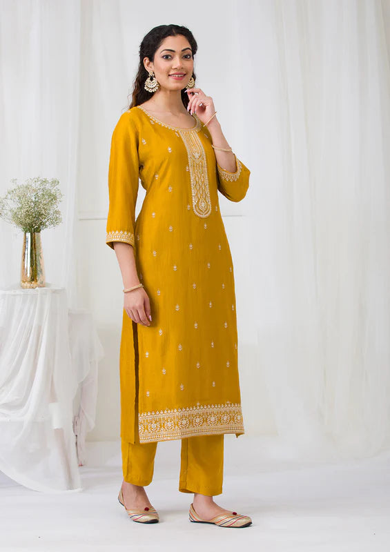 Mustard Soft Raw Silk Gold Zariwork Straight Kurta With Pant Regular And Dupatta