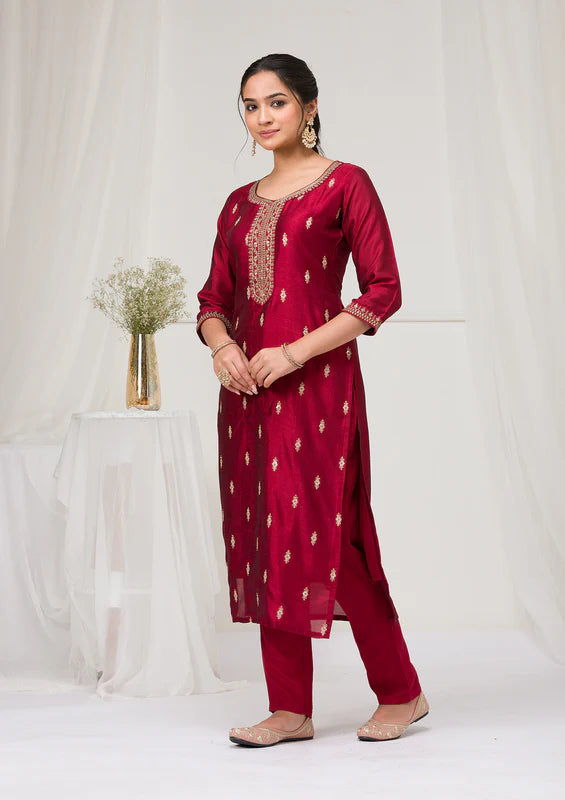 Maroon Soft Raw Silk Gold Zariwork Straight Kurta With Pant Regular And Dupatta