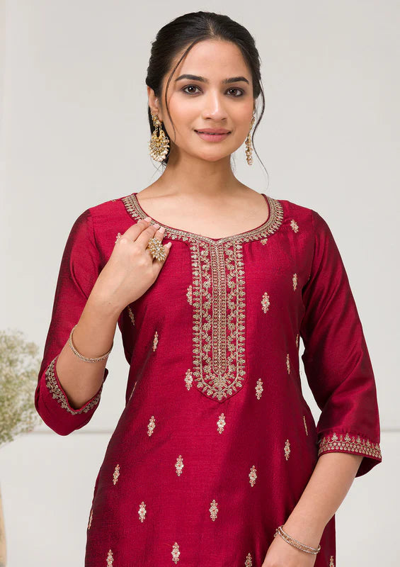 Maroon Soft Raw Silk Gold Zariwork Straight Kurta With Pant Regular And Dupatta
