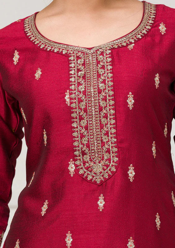 Maroon Soft Raw Silk Gold Zariwork Straight Kurta With Pant Regular And Dupatta