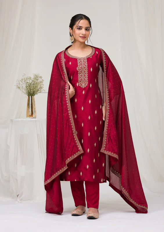 Maroon Soft Raw Silk Gold Zariwork Straight Kurta With Pant Regular And Dupatta