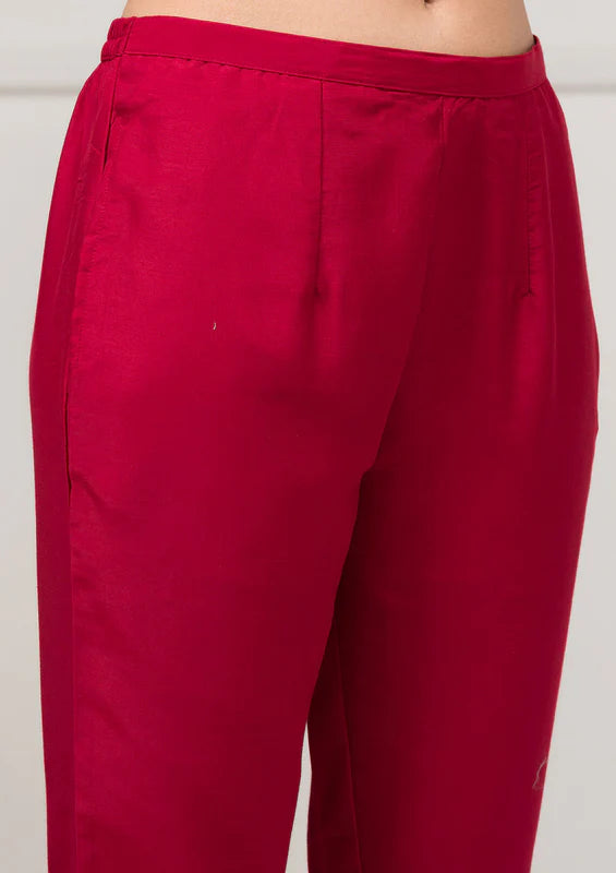 Maroon Soft Raw Silk Gold Zariwork Straight Kurta With Pant Regular And Dupatta