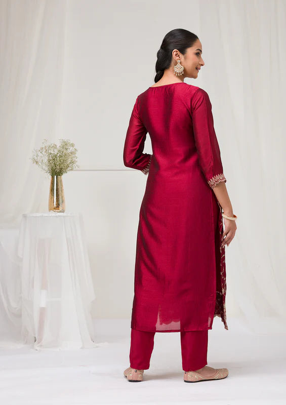 Maroon Soft Raw Silk Gold Zariwork Straight Kurta With Pant Regular And Dupatta