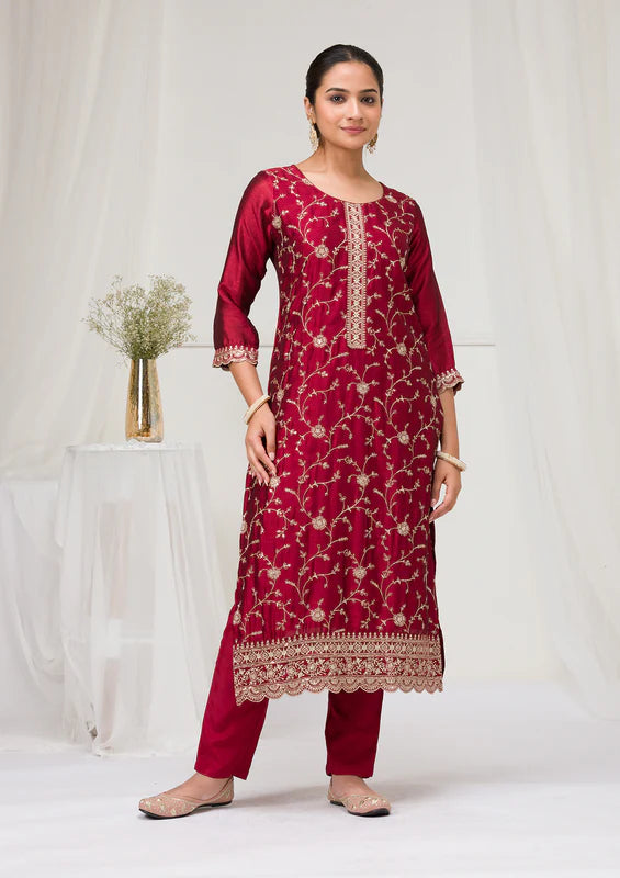 Maroon Soft Raw Silk Gold Zariwork Straight Kurta With Pant Regular And Dupatta