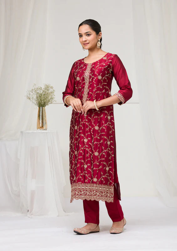 Maroon Soft Raw Silk Gold Zariwork Straight Kurta With Pant Regular And Dupatta