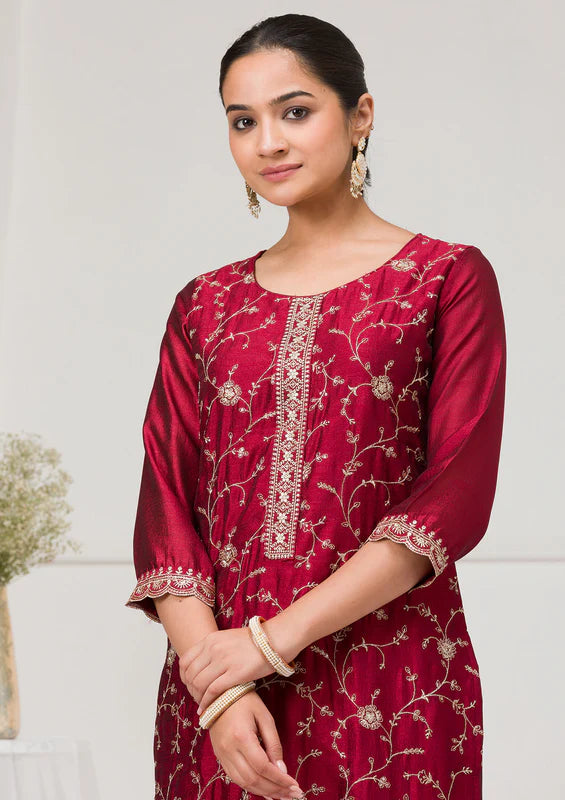 Maroon Soft Raw Silk Gold Zariwork Straight Kurta With Pant Regular And Dupatta