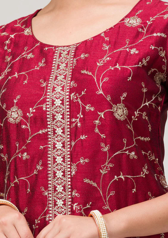 Maroon Soft Raw Silk Gold Zariwork Straight Kurta With Pant Regular And Dupatta