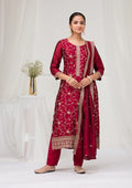 Maroon Soft Raw Silk Gold Zariwork Straight Kurta With Pant Regular And Dupatta