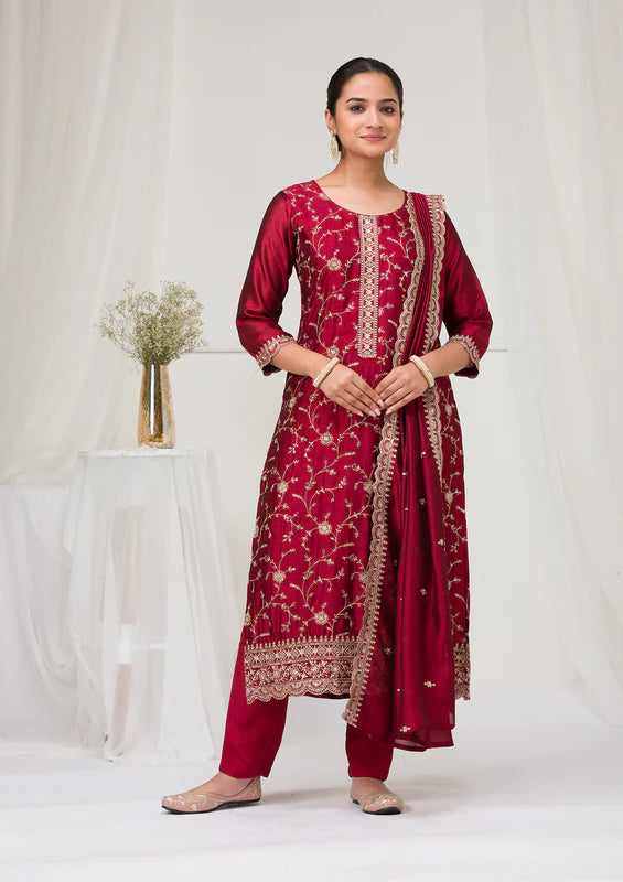 Maroon Soft Raw Silk Gold Zariwork Straight Kurta With Pant Regular And Dupatta