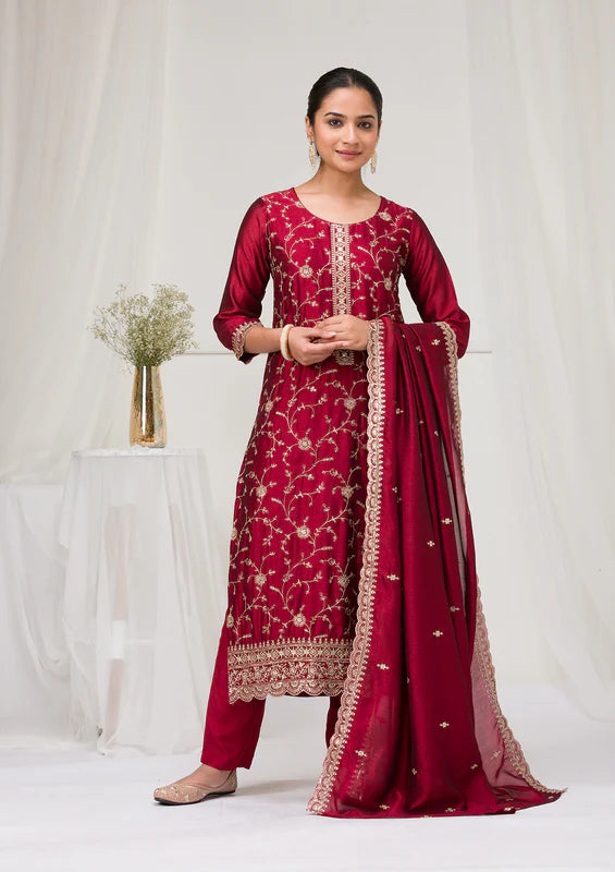Maroon Soft Raw Silk Gold Zariwork Straight Kurta With Pant Regular And Dupatta