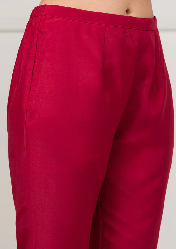 Maroon Soft Raw Silk Gold Zariwork Straight Kurta With Pant Regular And Dupatta