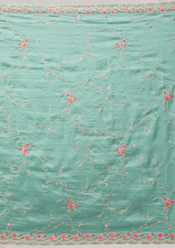 Sea Green Soft Raw Silk Threadwork Straight Kurta With Regular Pant And Dupatta