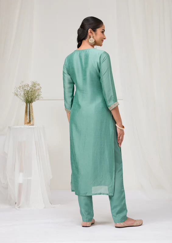 Sea Green Soft Raw Silk Threadwork Straight Kurta With Regular Pant And Dupatta