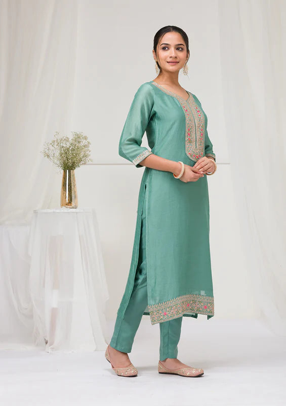 Sea Green Soft Raw Silk Threadwork Straight Kurta With Regular Pant And Dupatta