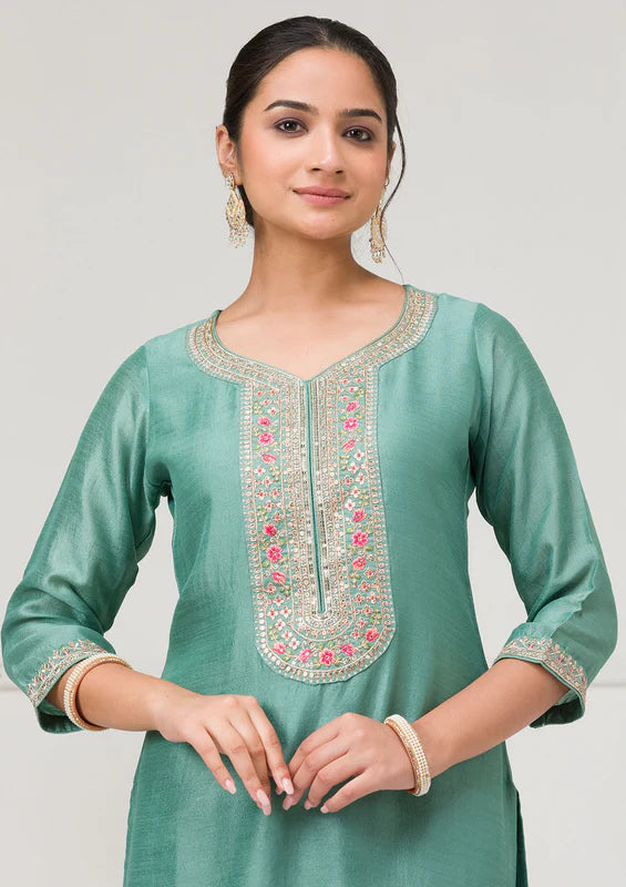 Sea Green Soft Raw Silk Threadwork Straight Kurta With Regular Pant And Dupatta