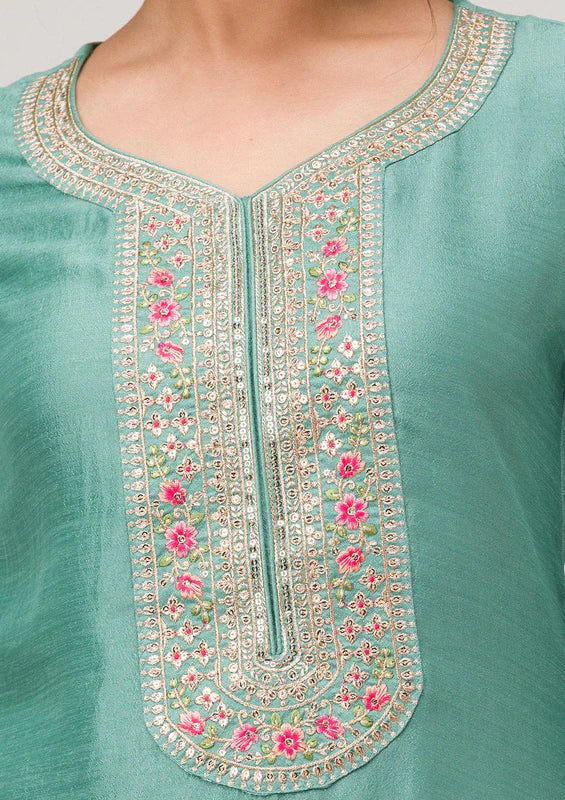 Sea Green Soft Raw Silk Threadwork Straight Kurta With Regular Pant And Dupatta