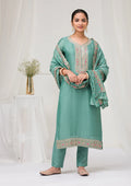 Sea Green Soft Raw Silk Threadwork Straight Kurta With Regular Pant And Dupatta